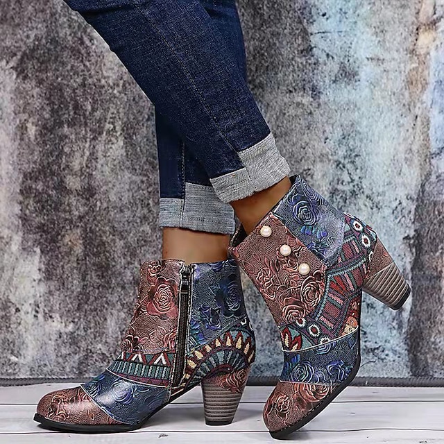Bohemian Floral Embossed Ankle Boots for Women, Retro Ethnic Style Block Heel Short Boots with Zipper & Pearl Button Details - Perfect for Casual Outings, Festivals, and Vintage-Inspired Events 14