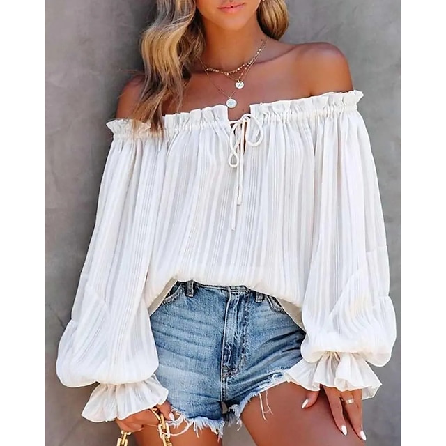  Women's Blouse Shirt Pink Light Blue White Lace up Ruffle Plain Holiday Weekend Long Sleeve Off Shoulder Streetwear Casual Regular Loose Fit S