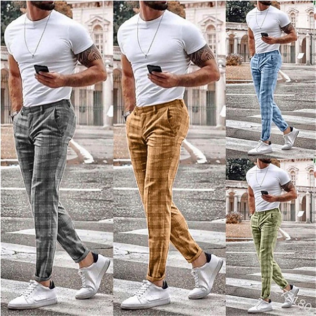 Men's Trousers Chinos Jogger Pants Plaid Dress Pants Pocket Straight Leg Plaid Comfort Breathable Casual Daily Streetwear Sports Fashion Yellow Blue Micro-elastic 6