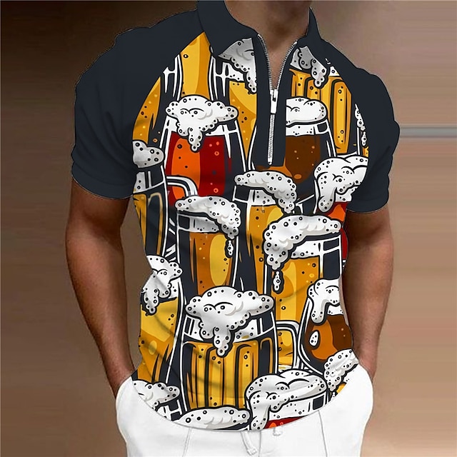  男性用 ポロシャツ ゴルフシャツ ビール 折襟 イエロー 3Dプリント アウトドア ストリート 半袖 ジッパー プリント 衣類 ファッション デザイナー カジュアル 高通気性