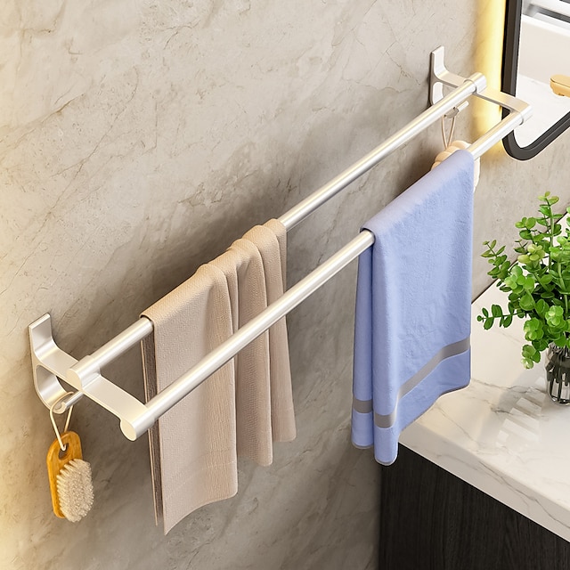  No Punching Silver Towel Rack Space Aluminum Wall Hanging Toilet Bathroom Hardware Pendant Bathroom Bathroom Double Pole Towel Pole