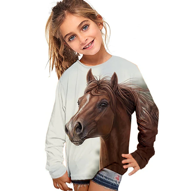 Girls' 3D Animal Horse T shirt Long Sleeve 3D Print Fall Winter Active Fashion Kids 3-12 Years Outdoor Daily Regular Fit 8