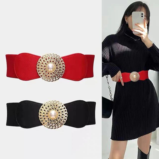 round buckle chain elastic elastic girdle female outer suit dress pearl disc black retro belt 9