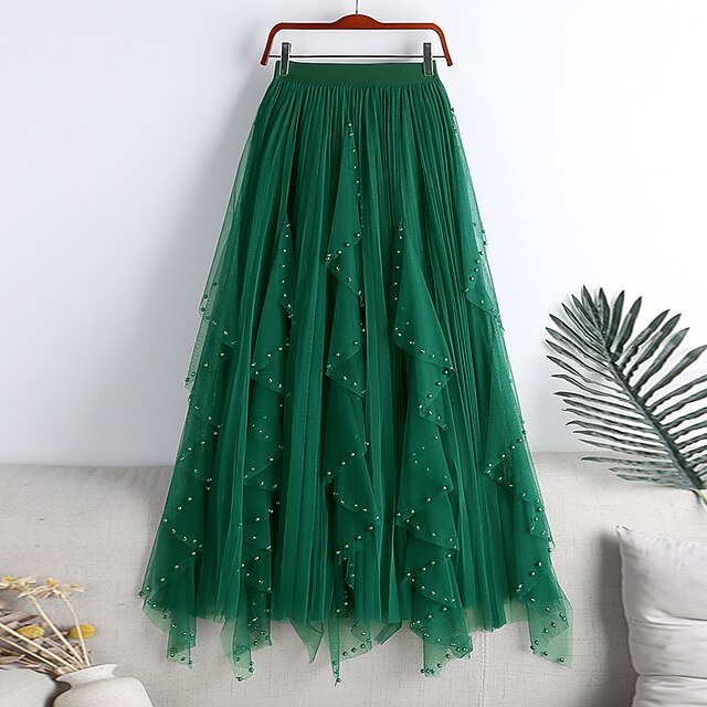 Women's Mardi Gras Skirt Swing Long Skirt Midi Skirts Beaded Layered Tulle Solid Colored Party Daily Autumn / Fall Elegant Long Summer Black White Pink Brown Carnival Theme2