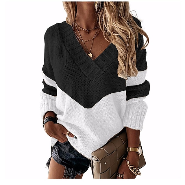  Women's Pullover Sweater Jumper Ribbed Knit Patchwork Thin V Neck Color Block Daily Date Casual Fall Winter Black S M L / Long Sleeve / Going out / Loose
