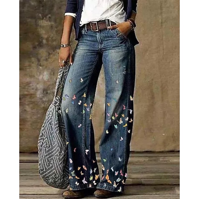  dammode raka jeans breda ben sidfickor tryck full längd byxor casual helg mikroelastisk blomma / blommig komfort lös svart 3xl