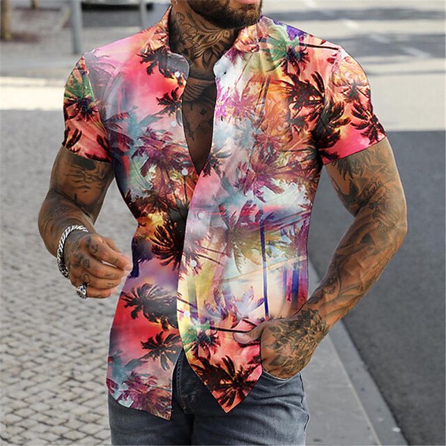 Men's Palm Leaf Tropical Plants Shirt Summer Hawaiian Shirt Aloha Shirt Short Sleeves Shirt Turndown Fashion Designer Casual Outdoor Street Casual Rainbow 3D Print S M L2