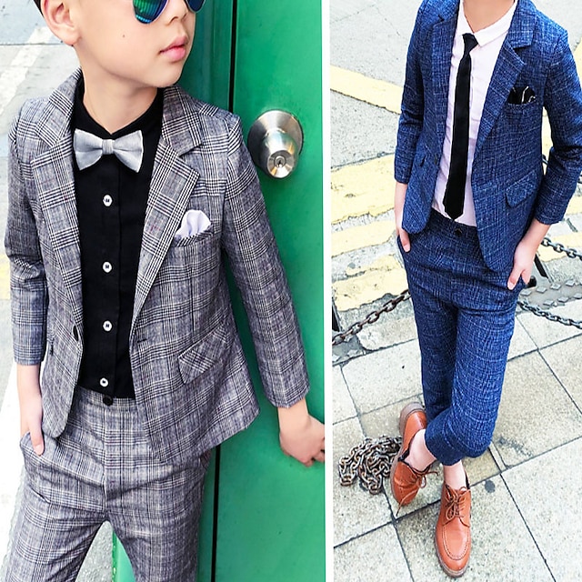  חליפת ילדים בנים & סט בגדי בלייזר 2 חלקים שרוול ארוך כותנה משובצת כחול כהה מגניב עדין 3-10 שנים