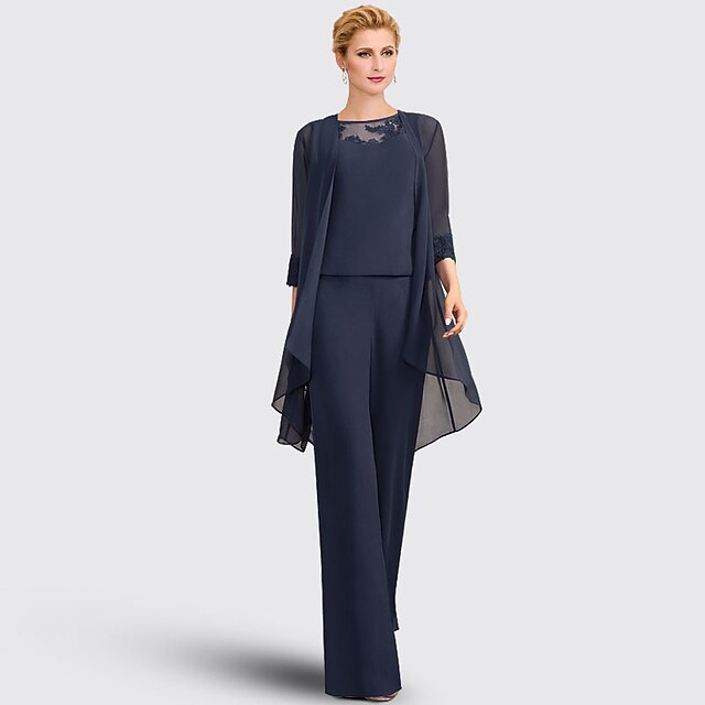 Pantsuit 3 Piece Mother of the Bride Formal Wedding Guest Elegant Plus Size Jewel Neck Floor Length Chiffon Lace Sleeveless with Appliques 14