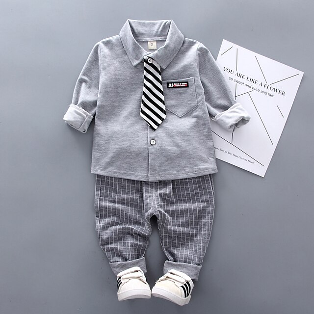  2 Stück Ring-Träger Anzug Jungen kinderkleidung Shirt & Hose Kleidungsset Outdoor Urlaub Casual Modisch Brautkleider schlicht Plaid Streifen Weiß Grau Baumwolle