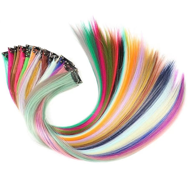  24 peças clipe colorido de 20 polegadas em extensões de cabelo apliques de destaque reto arco-íris clipe de extensão de cabelo multicolorido em almofada de cabelo