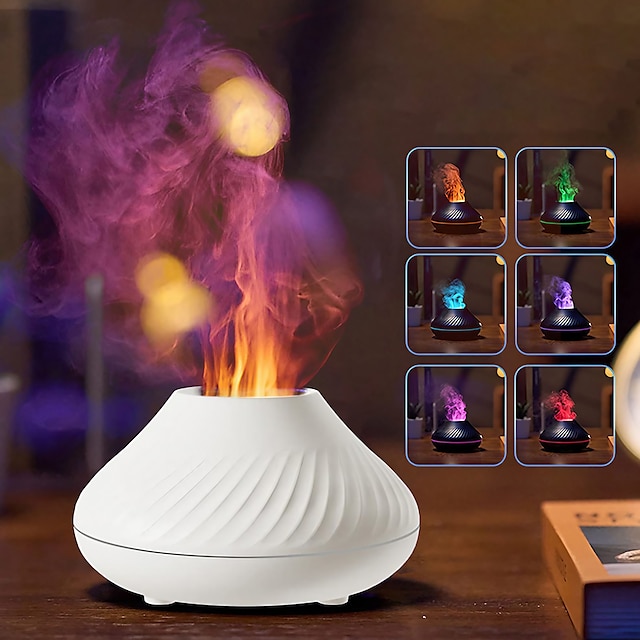  Vulkan Luftbefeuchter Aroma Diffusor Ätherisches Öl Lampe 130ml USB Tragbarer Luftbefeuchter mit 7 Farben Flamme Nachtlicht