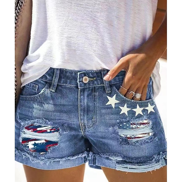  Women's Jeans Shorts Denim Blue Fashion Mid Waist Side Pockets Cut Out Casual Weekend Short Micro-elastic American Flag Comfort S M L XL XXL / Print