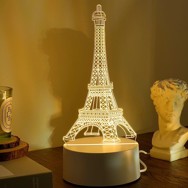  Eiffel Tower 3D LED Optical Illusion Acrylic Night Light with USB Powered Bedroom Decoration Table Lamp Birthday Fashion Style Gift for Child Baby Kids