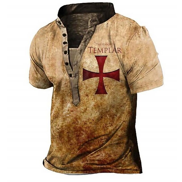 Men's Templar Cross Cross T Shirt Henley Shirt Short Sleeve 3D Print Vintage Designer Basic Outdoor Daily Sports Summer Red Brown Gray Stand Collar Henley T-Shirt4