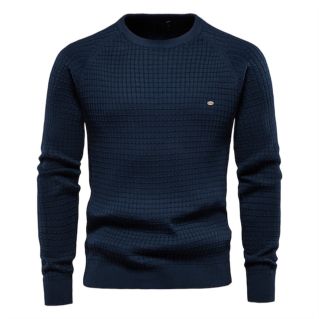  Men's Sweater Pullover Sweater Jumper Waffle Knit Cropped Knitted Solid Color Crew Neck Basic Stylish Outdoor Daily Clothing Apparel Winter Fall Blue Khaki S M L