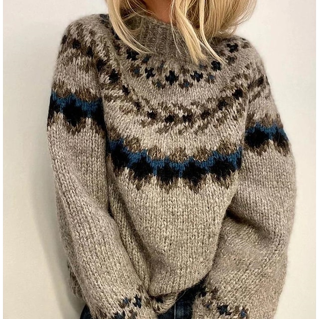  Women's Pullover Sweater Jumper Chunky Crochet Knit Tunic Stand Collar Geometric Daily Holiday Vintage Style Casual Winter Fall Light Brown S M L