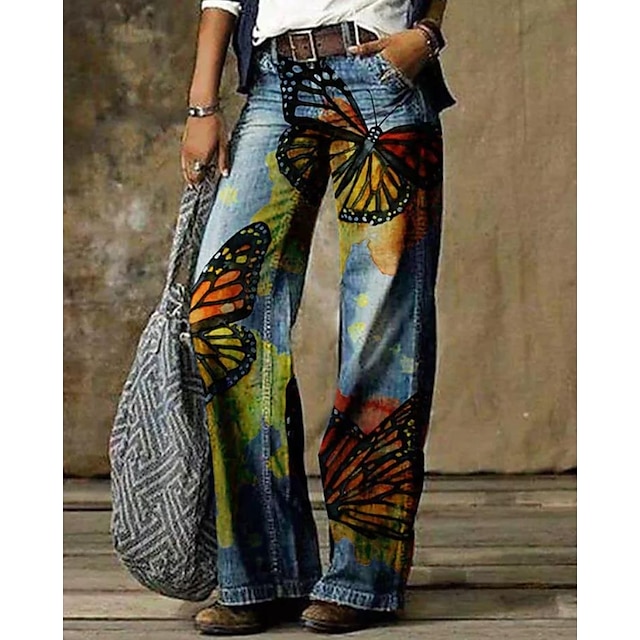  Women's Culottes Wide Leg Pants Trousers Blue Purple Yellow Fashion Mid Waist Side Pockets Print Casual Weekend Full Length High Elasticity Butterfly Comfort S M L XL XXL / Loose Fit