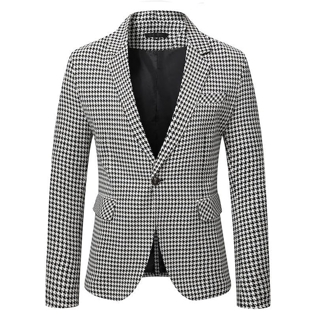 Herre Cocktail antrekk Blazer Bryllupsfest cocktail Elegant og moderne Elegant og luksuriøst Sommer Vår Polyester Hundetannmønster Enkelt Brystet Enn-knapp Blazer Hvit+Svart