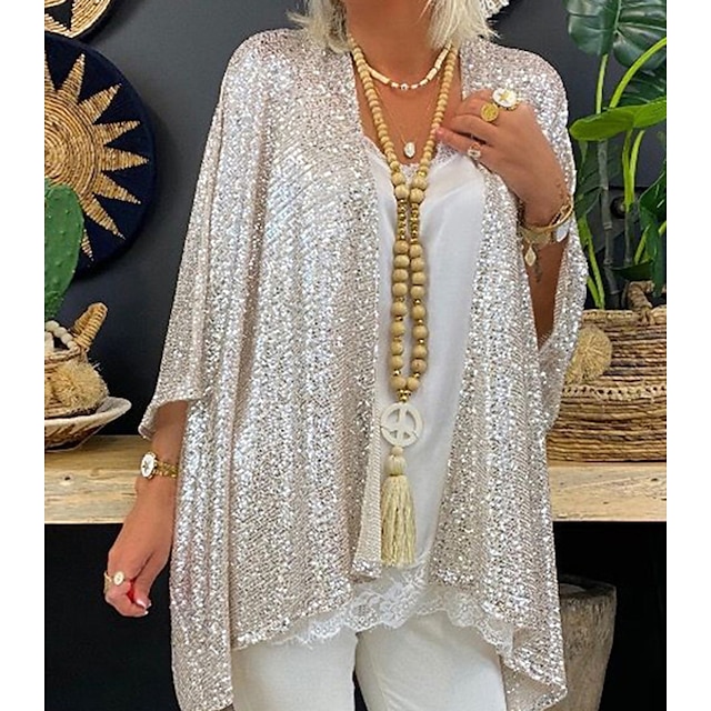  Women's Plus Size Jacket Sequins Plain Formal Party various occasions daily leisure  Long Sleeve Open Front Regular Winter Fall Silver L XL XXL 3XL 4XL