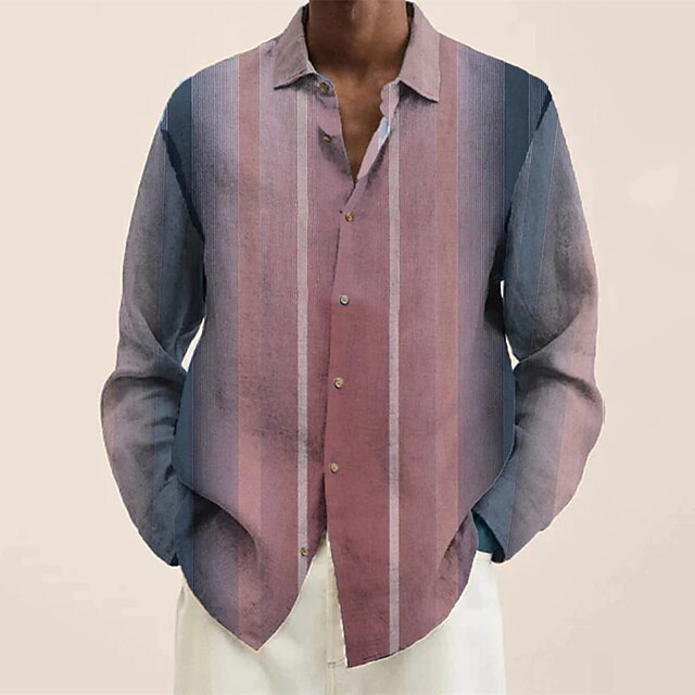  Men's Shirt Striped Graphic Prints Turndown Green Pink Long Sleeve Street Sports Button-Down Print Tops Cotton Linen Fashion Casual Comfortable Big and Tall / Beach