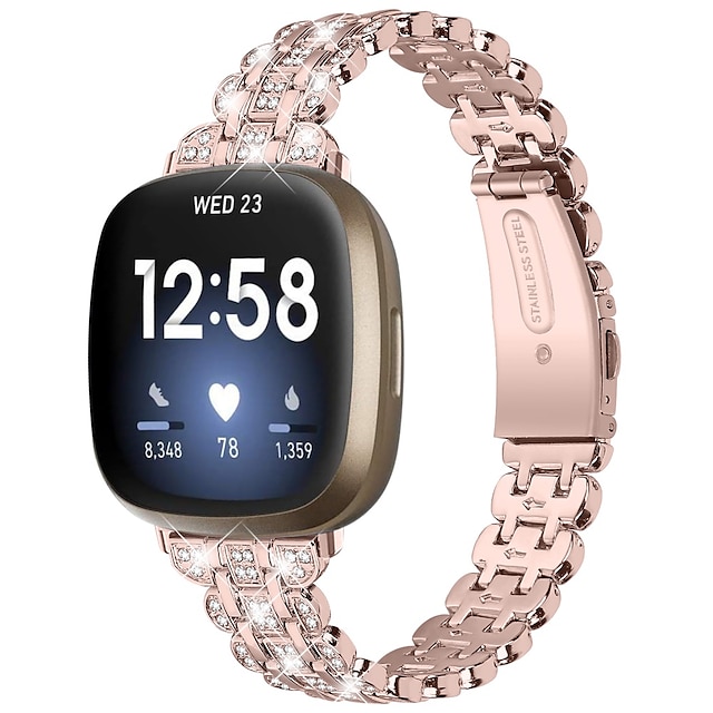  Smart Watch Band Compatible with Fitbit Versa 4 Sense 2 Versa 3 Sense Stainless Steel Alloy Rhinestone Smartwatch Strap Bling Diamond Metal Clasp Adjustable Jewelry Bracelet Replacement  Wristband