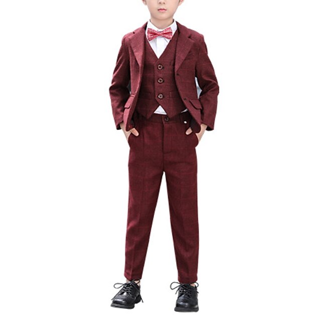  3 Pieces Kids Boys Suit & Blazer Pants Set Clothing Set Outfit Plaid Long Sleeve Cotton Set Party Fashion Gentle Winter Fall 3-13 Years Wine Red