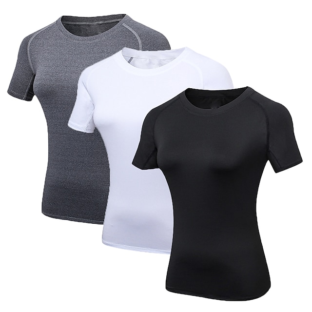  Women's Compression Shirt 3 Pack Short Sleeve Base Layer Top Casual Athleisure Spandex Breathable Quick Dry Lightweight Fitness Gym Workout Running Sportswear Activewear Solid Colored Black+Gray