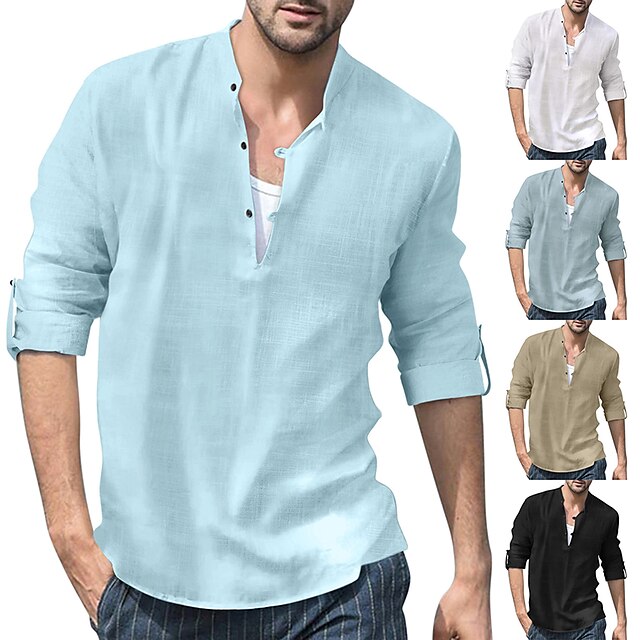  Men's Linen Shirt Summer Shirt Casual Shirt Beach Shirt Black White Khaki Long Sleeve Solid Color Collar Spring Fall Street Daily Clothing Apparel Button-Down