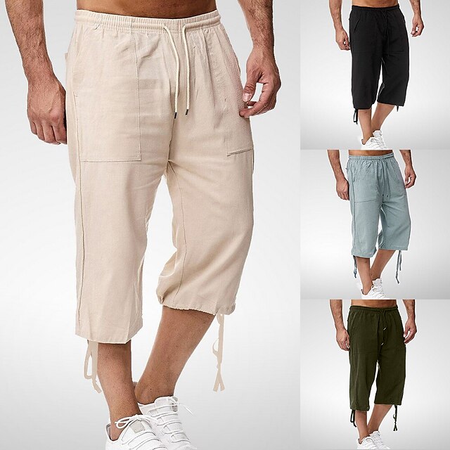 Casual Solid Color Drawstring Knee Length Trouser Mens Straight Fit Breathable Cotton Linen Yoga Jogger Pants Mens Relaxed Capri Shorts 