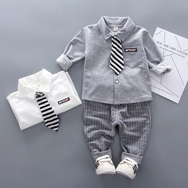  Kinder-Jungen-Shirt & Hosen Bekleidungsset 2 Stück Langarm grau kariert Streifen Baumwolle Urlaub Freizeitmode 1-5 Jahre