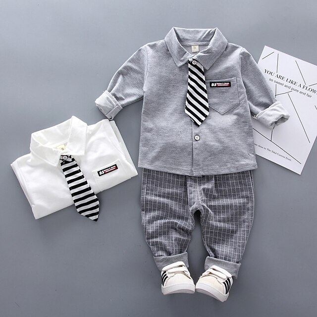 2 Pieces Ring Bearer Suit Boys Kids Shirt & Pants Clothing Set Outdoor Vacation Casual Fashion Casual Plaid Stripe White Gray Cotton2