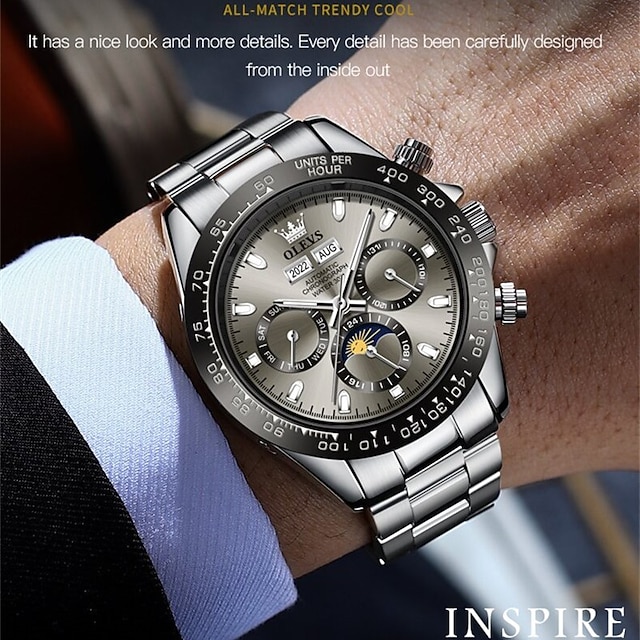 OLEVS Mens Automatic Watches Silver Bezel Stainless Steel Luxury Dress
