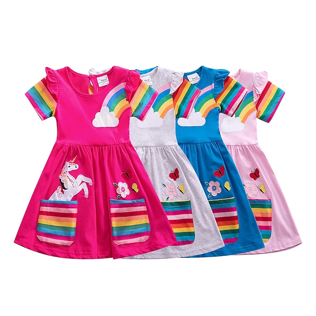  Kids Girls' Dress Cartoon Rainbow Short Sleeve School Party Embroidered Cute Cotton Knee-length T Shirt Dress Tee Dress Summer 3 years+ Gray