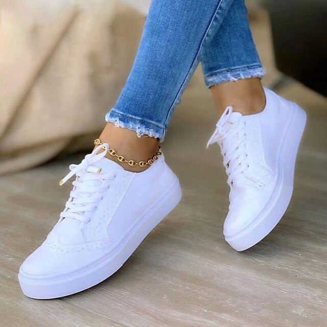  Women's Sneakers Plus Size White Shoes Outdoor Daily Summer Lace-up Flat Heel Round Toe Sporty Casual Walking Shoes Canvas Lace-up Solid Color Solid Colored Dark Brown Black White