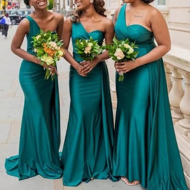  Mermaid / Trumpet Bridesmaid Dress One Shoulder Sleeveless Elegant Sweep / Brush Train Spandex with Draping / Solid Color 2022