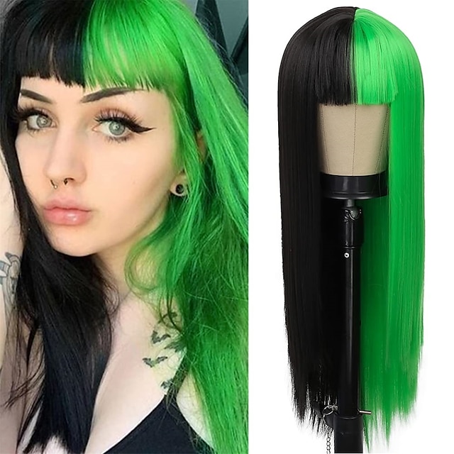  Kaneles Half Black Half Green Wig Long Straight Hair with Bangs Cosplay Natural Wavy Wig for Girls Cosplay Party Show Halloween Wig