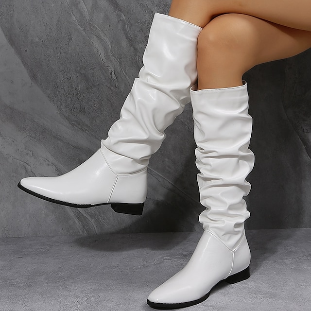  Femme Bottes Bottes souples Grandes Tailles Couleur Pleine Bottes genou Hiver Talon Plat Bout pointu Cuir PU Mocassins Noir Blanche