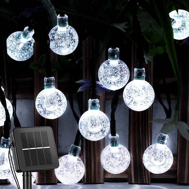  Guirlande lumineuse solaire à LED pour réception de mariage élégante - Globe en cristal de 5 à 30 m, 8 modes, lampes solaires de patio étanches pour jardin, cour, décoration de porche blanc chaud,