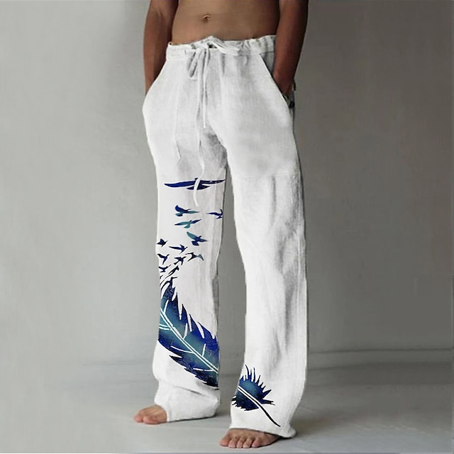 Men's Linen Pants Trousers Summer Pants Beach Pants Pocket Drawstring Elastic Waist Feather Breathable Lightweight Full Length Casual Daily Casual Trousers White Yellow Micro-elastic