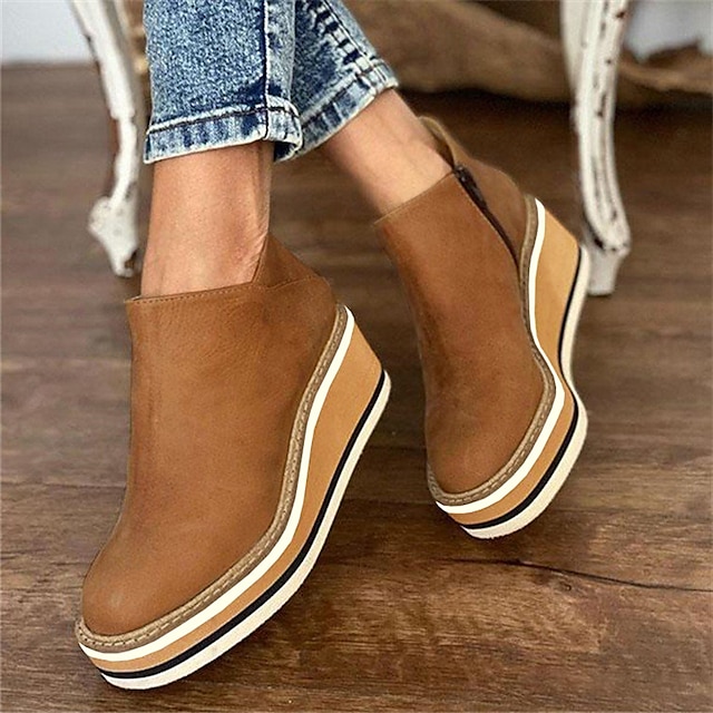  Dámské Boty Boty na platformě Větší velikosti Venkovní Denní Kotníkové boty Booties Podzim Platforma Klínový podpatek Oblá špička Vinobraní Na běžné nošení Minimalismus Chůze PU Zip Světle hněd