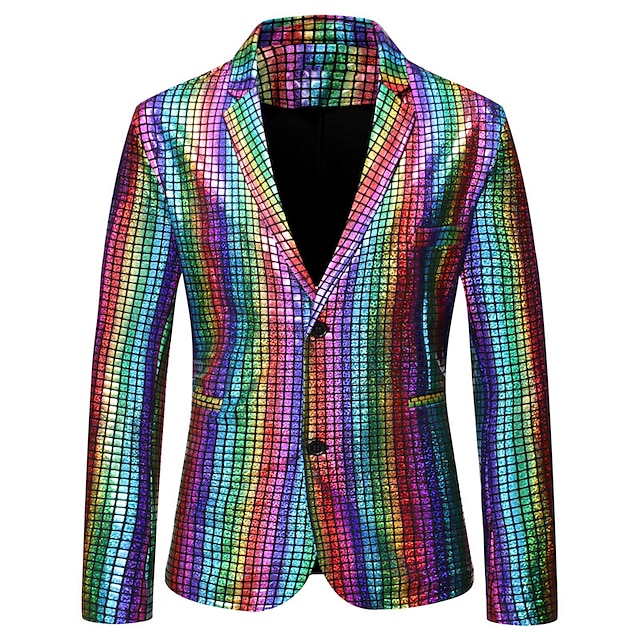  Men's Jacket Blazer Party Evening Bar Party Favor Vintage Skinny Polyester Stripes and Plaid Glitter Windproof Single Breasted Blazer Silver Gold Rainbow