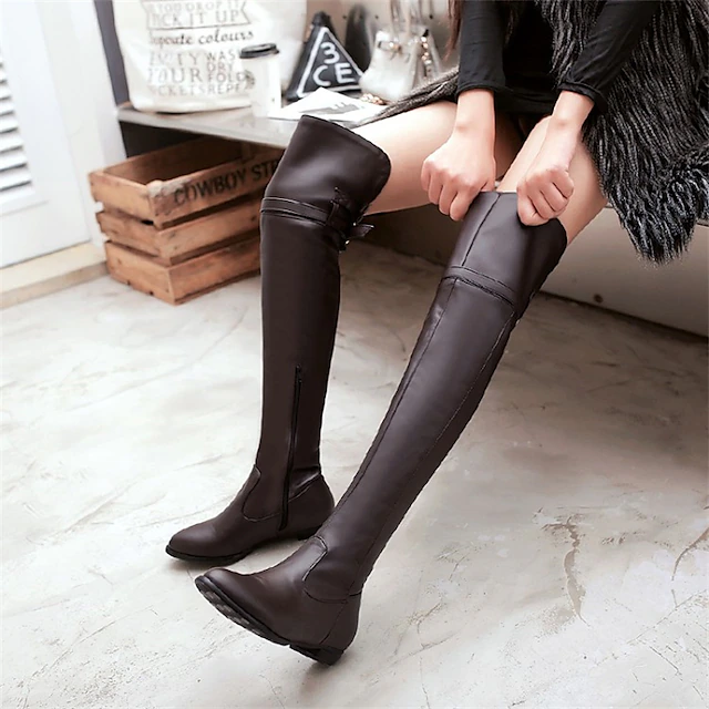 Women's Over-the-Knee Flat Riding Boots – Sleek Faux Leather Thigh High Zip-Up Boots for Fall Winter Daily Wear and Casual Outings 9