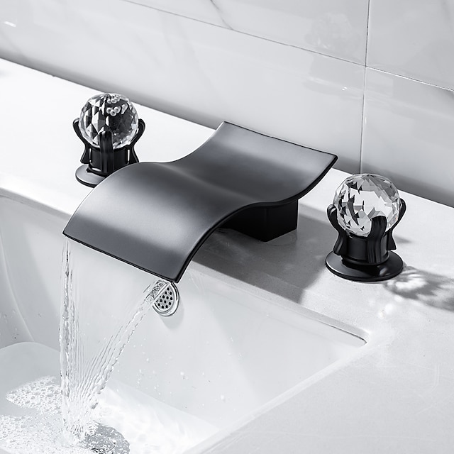  смеситель для раковины ванной комнаты с двумя ручками из хрусталя, матовый черный / хромированный водопад, широко распространенный смеситель для ванной комнаты с 3 отверстиями для ванны или раковины
