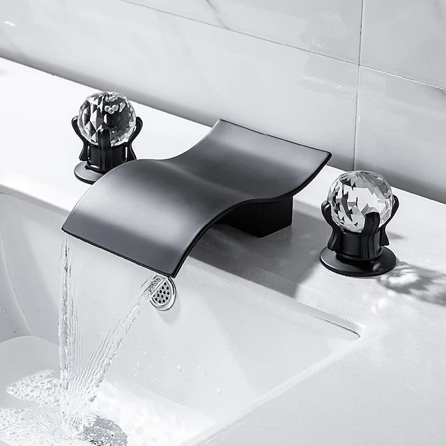Bathroom Sink Faucet with Two Crystal Knob Handles Waterfall Matte Black/Chrome Deck Mounted Widespread 3 Holes Bathroom Faucets for Bathtub or Sink 18