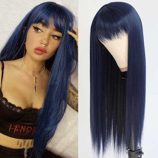  perruques de cheveux synthétiques bleus avec une frange complète perruque longue et droite pour femmes perruques synthétiques résistantes à la chaleur sans dentelle pour les femmes de la mode