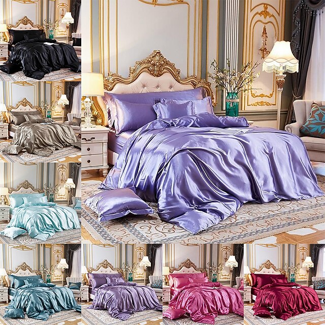  juego de funda nórdica de tela de seda de imitación, lujosos juegos de ropa de cama de satén, que incluyen 1 funda nórdica, 1 sábana encimera, 1 o 2 fundas de almohada