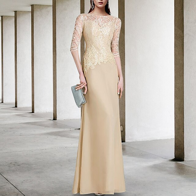Aimishang Sheath / Column Mother of the Bride Dress Wedding Guest Elegant Jewel Neck Floor Length Chiffon Lace Half Sleeve with Sequin Ruching Solid Color main image 0