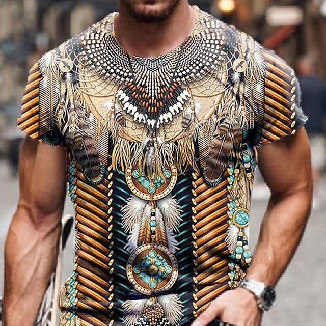  Men's Unisex T shirt Tee Tribal Graphic Prints Crew Neck Brown 3D Print Outdoor Street Short Sleeve Print Clothing Apparel Sports Casual Big and Tall