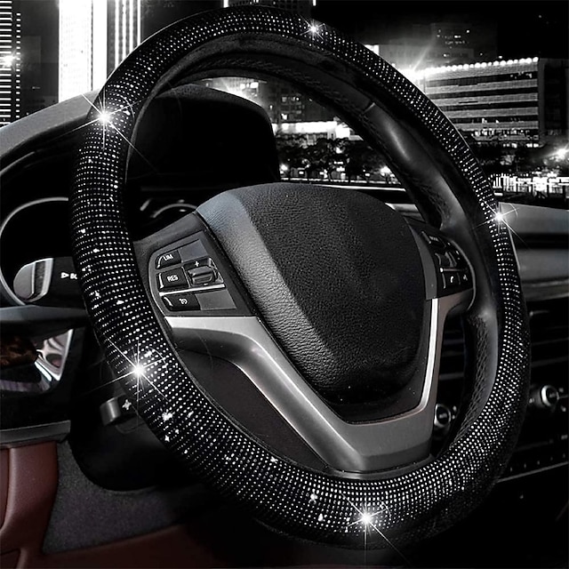  Steering Wheel Cover for Women Men Bling Bling Crystal Diamond Sparkling Car SUV Wheel Protector Universal Fit 15 Inch (Black with Blue DiamondStandard Size